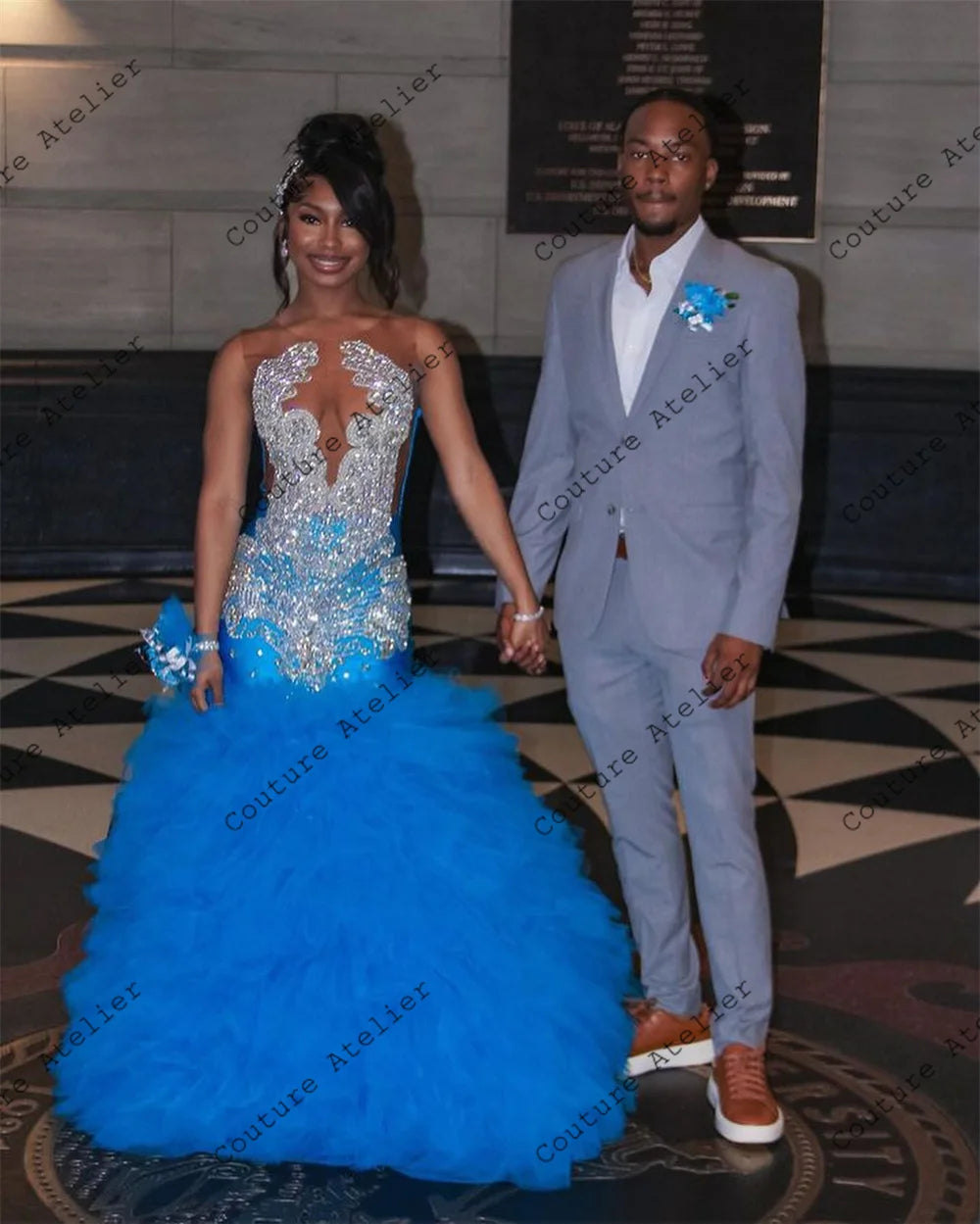 Regal Elegance: Blue Tulle Ruched Prom Dress with Crystal Beaded Train