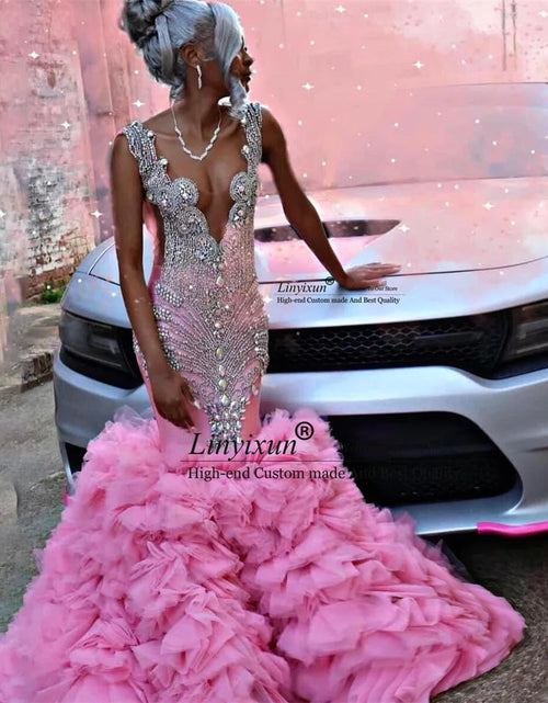 Load image into Gallery viewer, Radiant Allure: Sexy Pink Sheer Neck Mermaid Gown with Crystals
