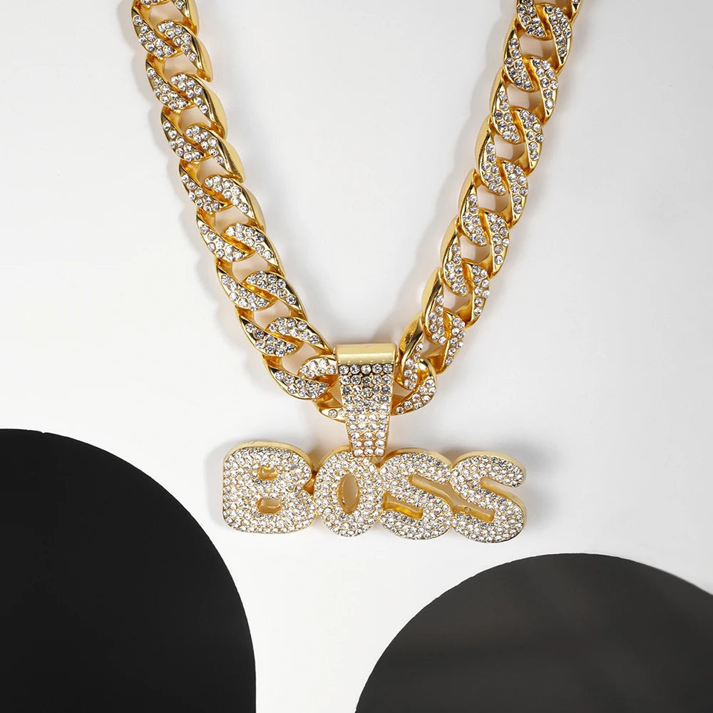 BOSS Cuban Chain Necklace – Bling Letter Choker for Hip Hop & Goth Style