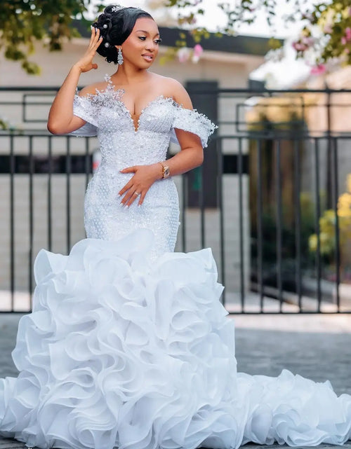 Load image into Gallery viewer, Luxurious Arabic Aso Ebi Mermaid Wedding Dress – Beaded Crystal Tiered Bridal Gown
