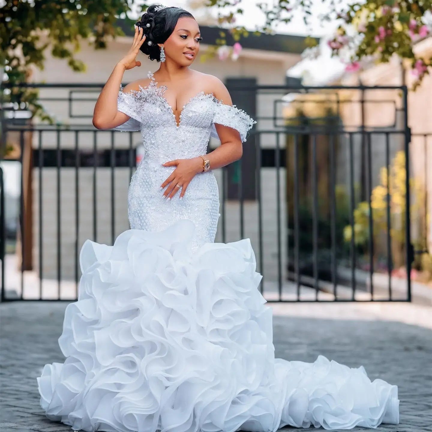 Luxurious Arabic Aso Ebi Mermaid Wedding Dress – Beaded Crystal Tiered Bridal Gown