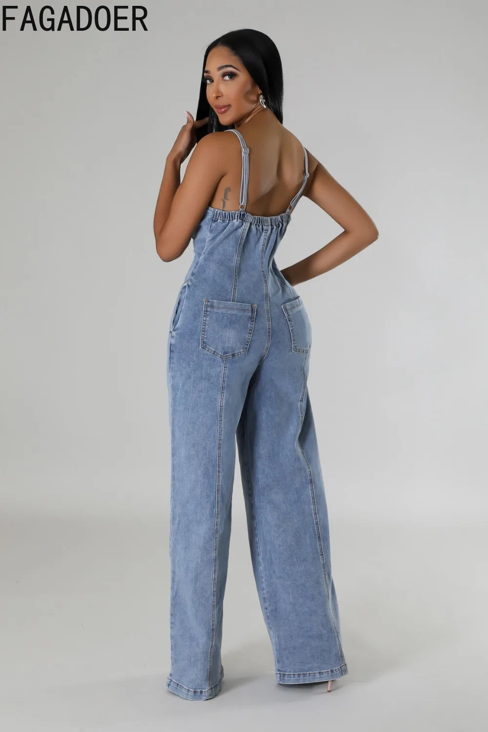 Sexy Denim Spaghetti Strap Jumpsuit – Patchwork Wide-Leg Romper for Women