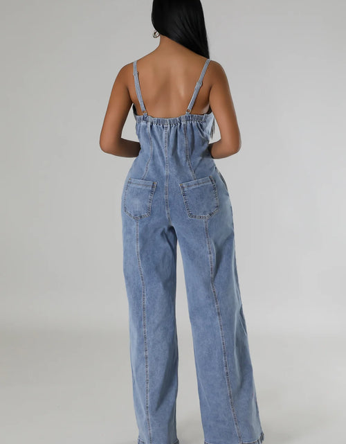 Load image into Gallery viewer, Sexy Denim Spaghetti Strap Jumpsuit – Patchwork Wide-Leg Romper for Women
