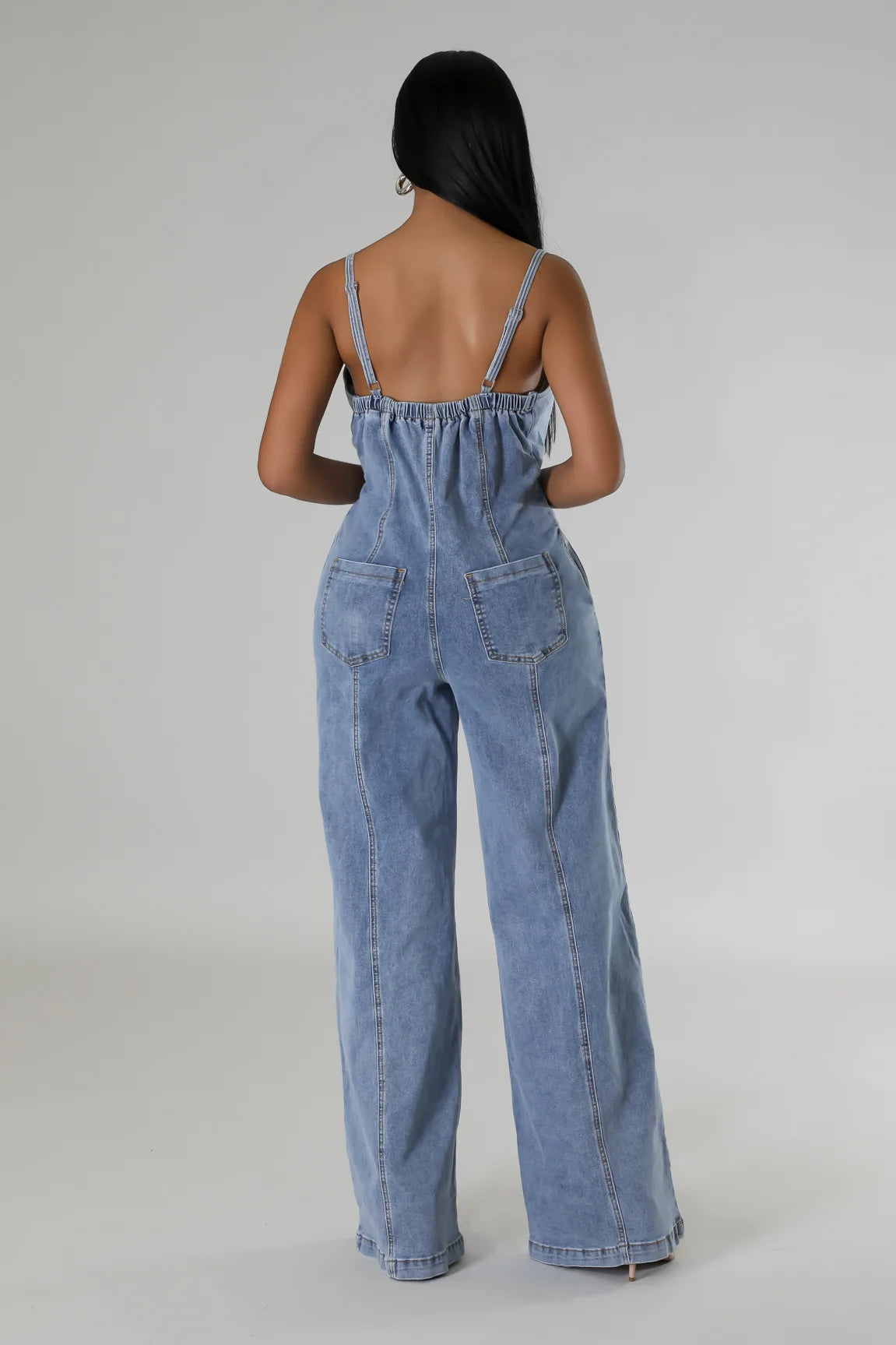 Sexy Denim Spaghetti Strap Jumpsuit – Patchwork Wide-Leg Romper for Women