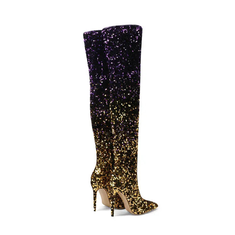 Shimmer & Stride: Gradient Sequin Over-the-Knee Boots with 11CM Heels