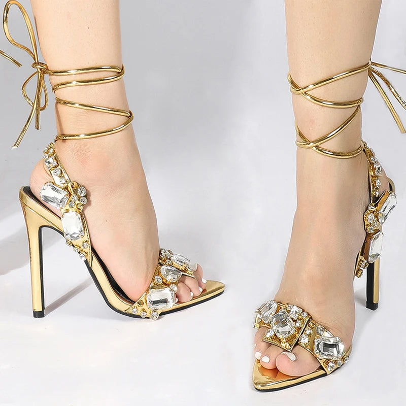 Luxury Gold Ankle Strap Sandals – Crystal Diamond Stripper Heels for Weddings & Nightclubs