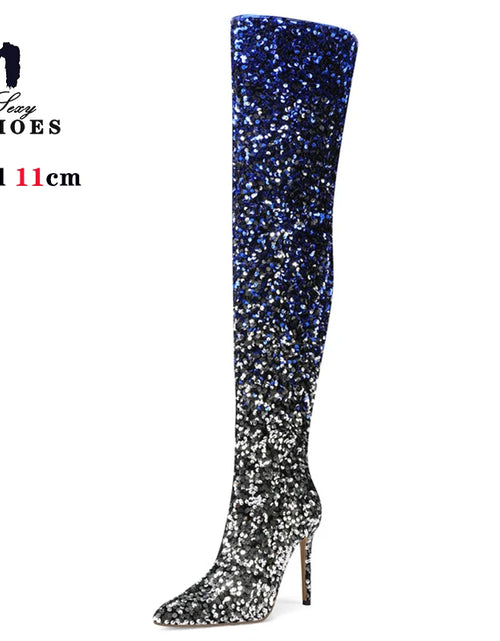 Load image into Gallery viewer, Shimmer &amp; Stride: Gradient Sequin Over-the-Knee Boots with 11CM Heels
