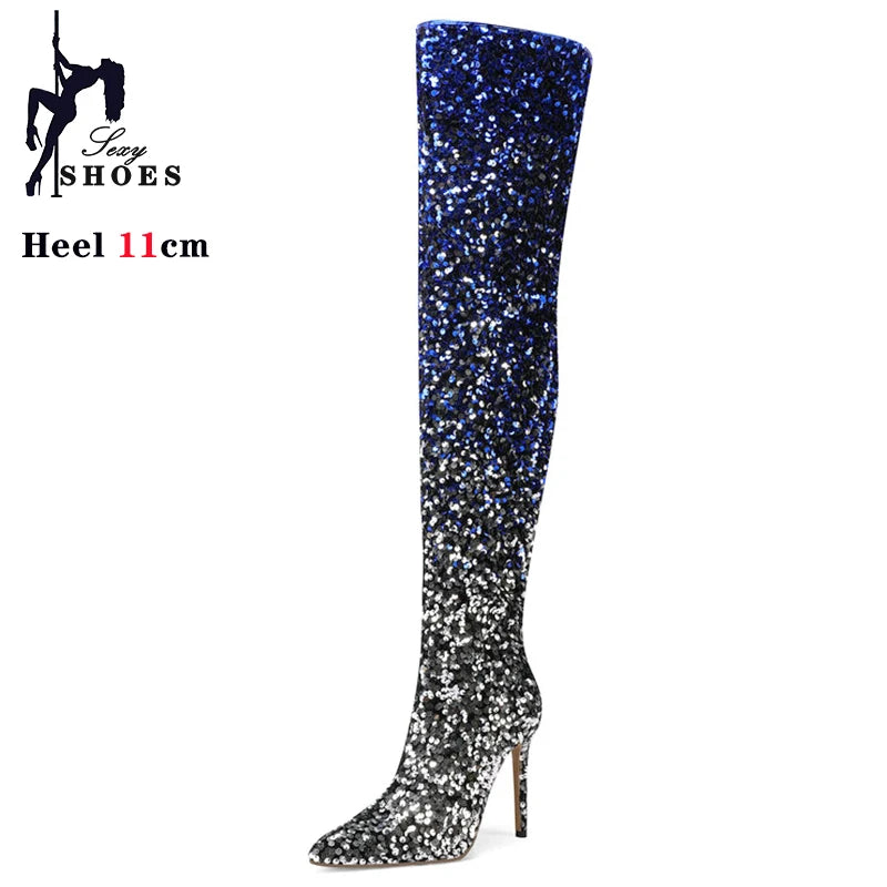 Shimmer & Stride: Gradient Sequin Over-the-Knee Boots with 11CM Heels