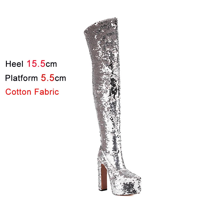 Showstopper: Sequin Over-the-Knee Platform Boots with High Heels