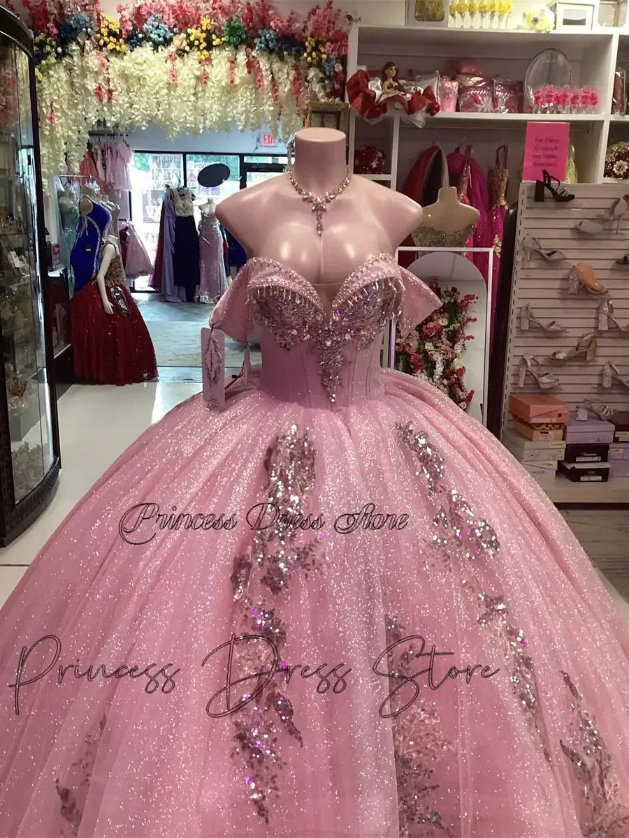 Blushing Royalty: Luxury Pink Princess Quinceañera Ball Gown with 3D Floral Appliques