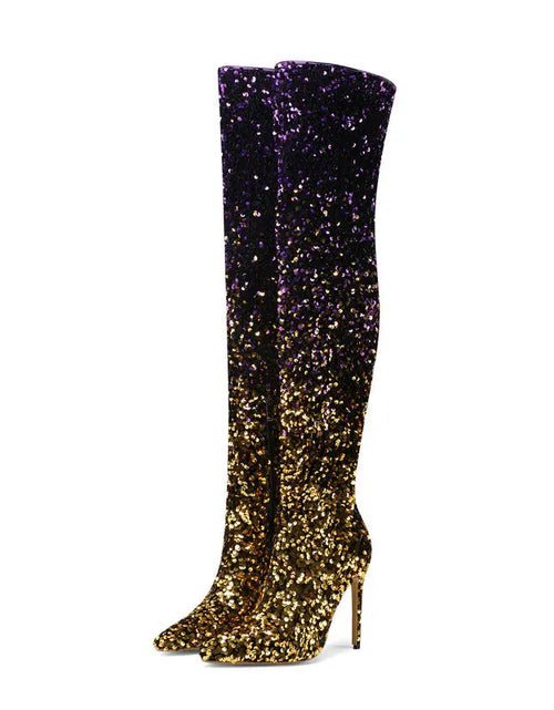 Load image into Gallery viewer, Shimmer &amp; Stride: Gradient Sequin Over-the-Knee Boots with 11CM Heels
