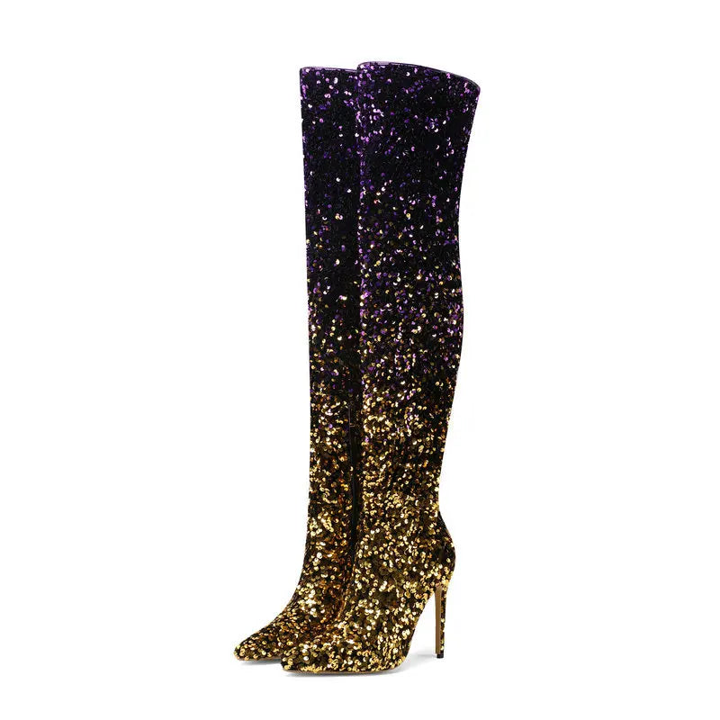 Shimmer & Stride: Gradient Sequin Over-the-Knee Boots with 11CM Heels