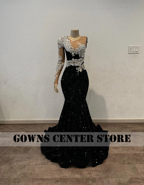 Load image into Gallery viewer, Luxury Black Sequin Mermaid Prom Dress with Beaded Rhinestones &amp; Tassels
