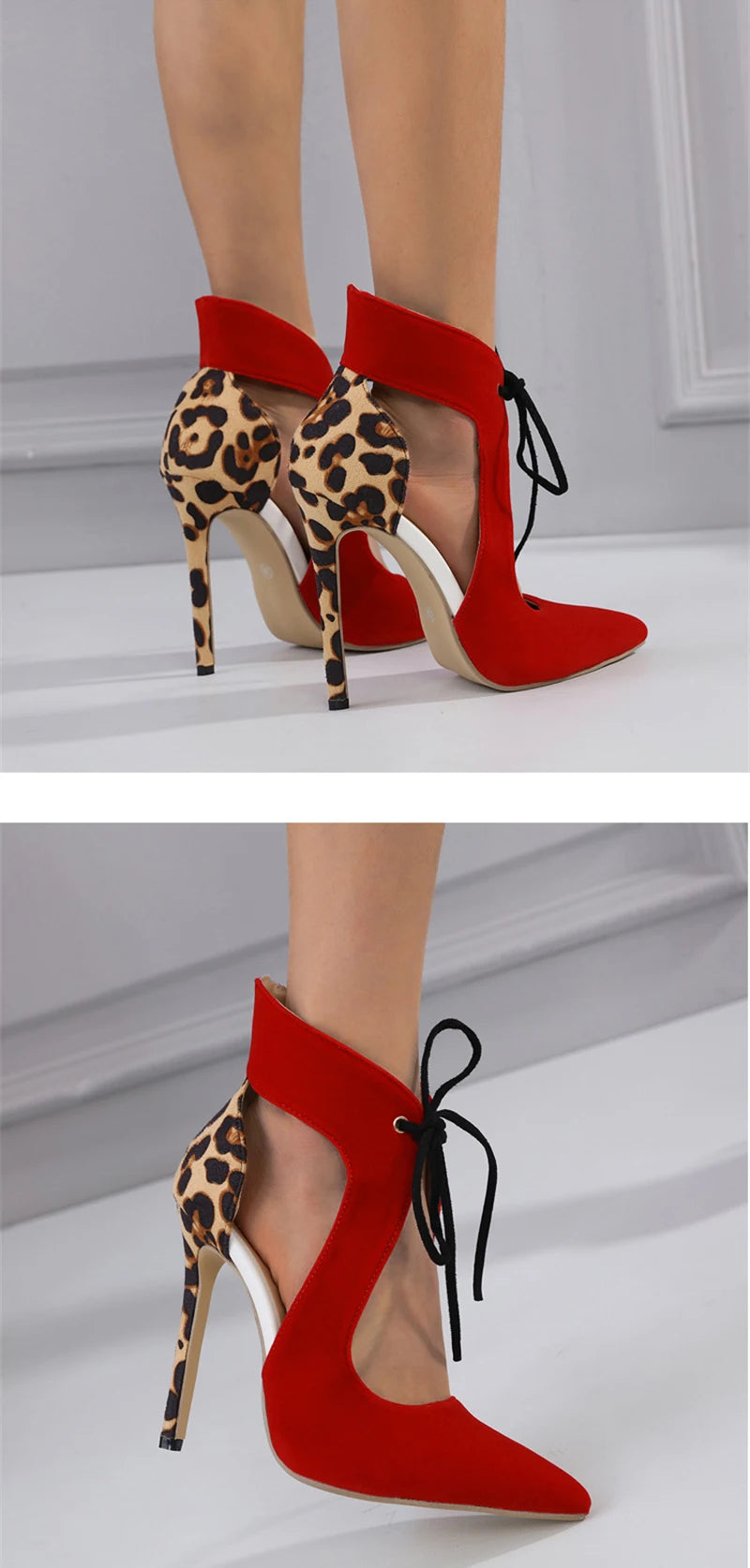 Sexy Red Lace-Up Slingback High Heels – Leopard Print Pumps for Summer Parties & Proms