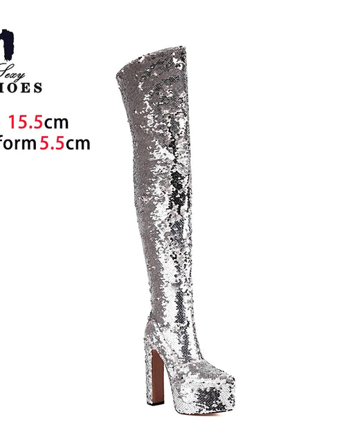 Load image into Gallery viewer, Showstopper: Sequin Over-the-Knee Platform Boots with High Heels
