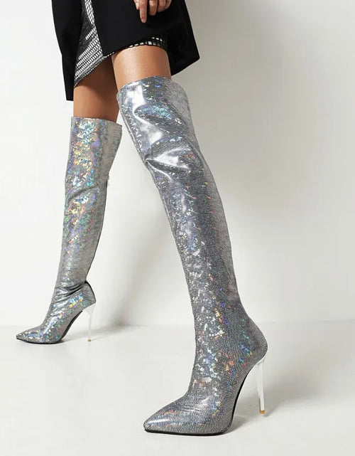 Load image into Gallery viewer, Fierce Elegance: Pointed Toe Stiletto Thigh-High Print Boots
