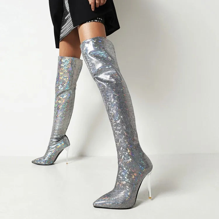 Fierce Elegance: Pointed Toe Stiletto Thigh-High Print Boots