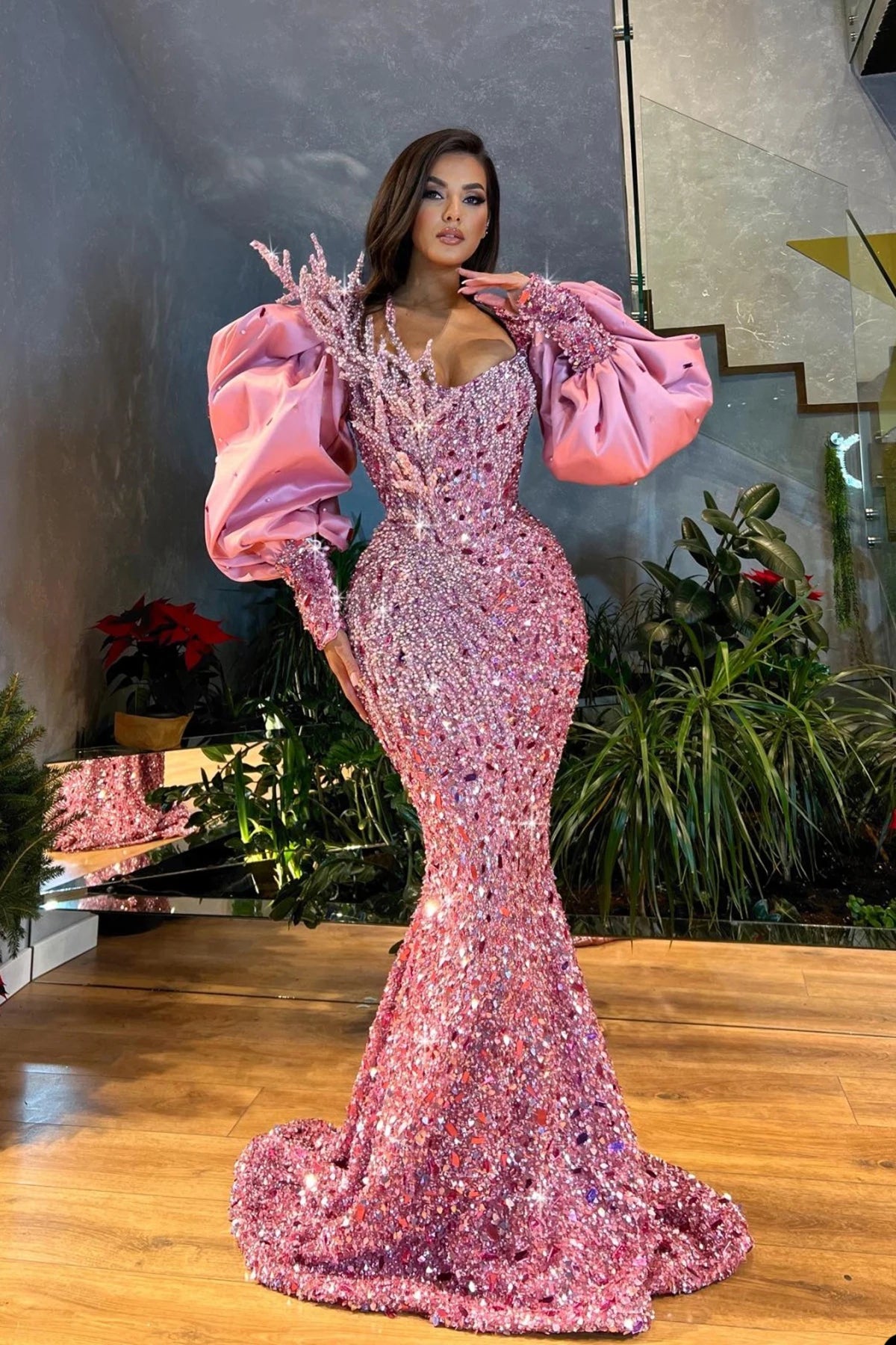 Sparkling Pink Mermaid Evening Gown with Puff Sleeves – Custom Crystal Sequin Prom Dress