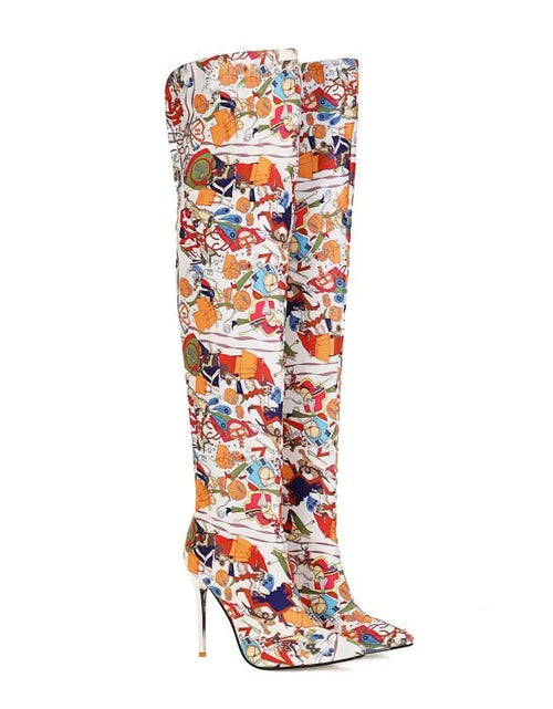 Load image into Gallery viewer, Fierce Elegance: Pointed Toe Stiletto Thigh-High Print Boots
