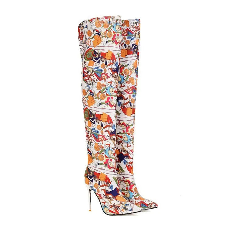 Fierce Elegance: Pointed Toe Stiletto Thigh-High Print Boots