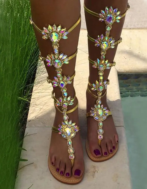 Load image into Gallery viewer, Boho Glam: Rhinestone Knee-High Sandal Boots for Effortless Summer Elegance
