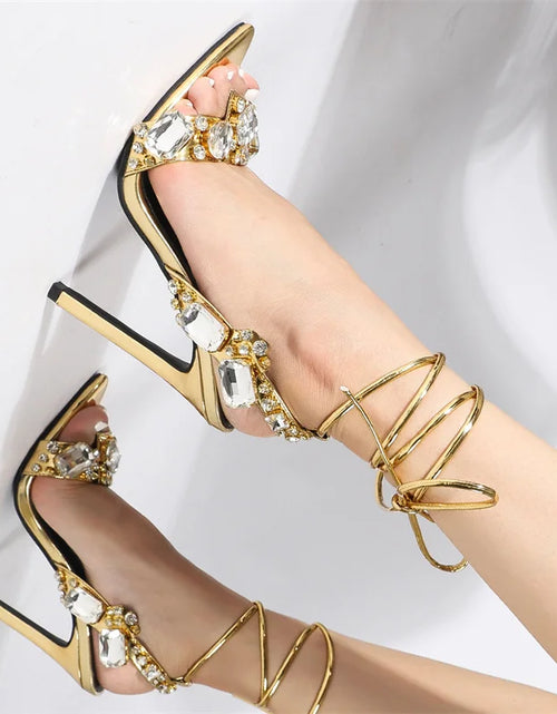 Load image into Gallery viewer, Luxury Gold Ankle Strap Sandals – Crystal Diamond Stripper Heels for Weddings &amp; Nightclubs
