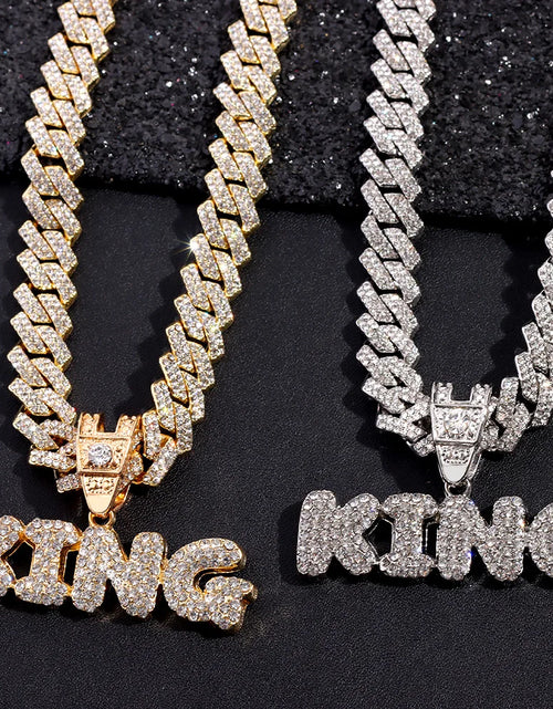 Load image into Gallery viewer, Iced Out Full Rhinestones KING QUEEN Letter Pendant Necklace 14mm Miami Rhombus Cuban Chain Hip Hop Necklaces Jewelry
