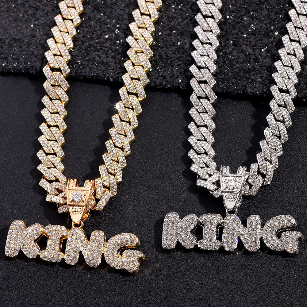 Iced Out Full Rhinestones KING QUEEN Letter Pendant Necklace 14mm Miami Rhombus Cuban Chain Hip Hop Necklaces Jewelry