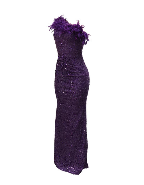 Load image into Gallery viewer, Dazzling Sequined Backless Maxi Dress with Feather &amp; Bead Detailing – Perfect for Birthday Party
