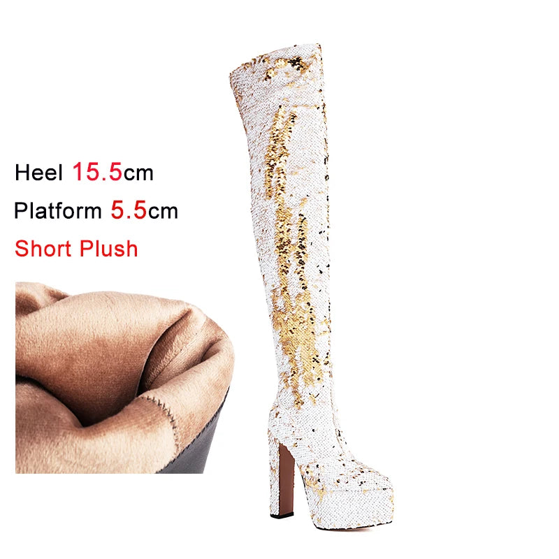 Showstopper: Sequin Over-the-Knee Platform Boots with High Heels