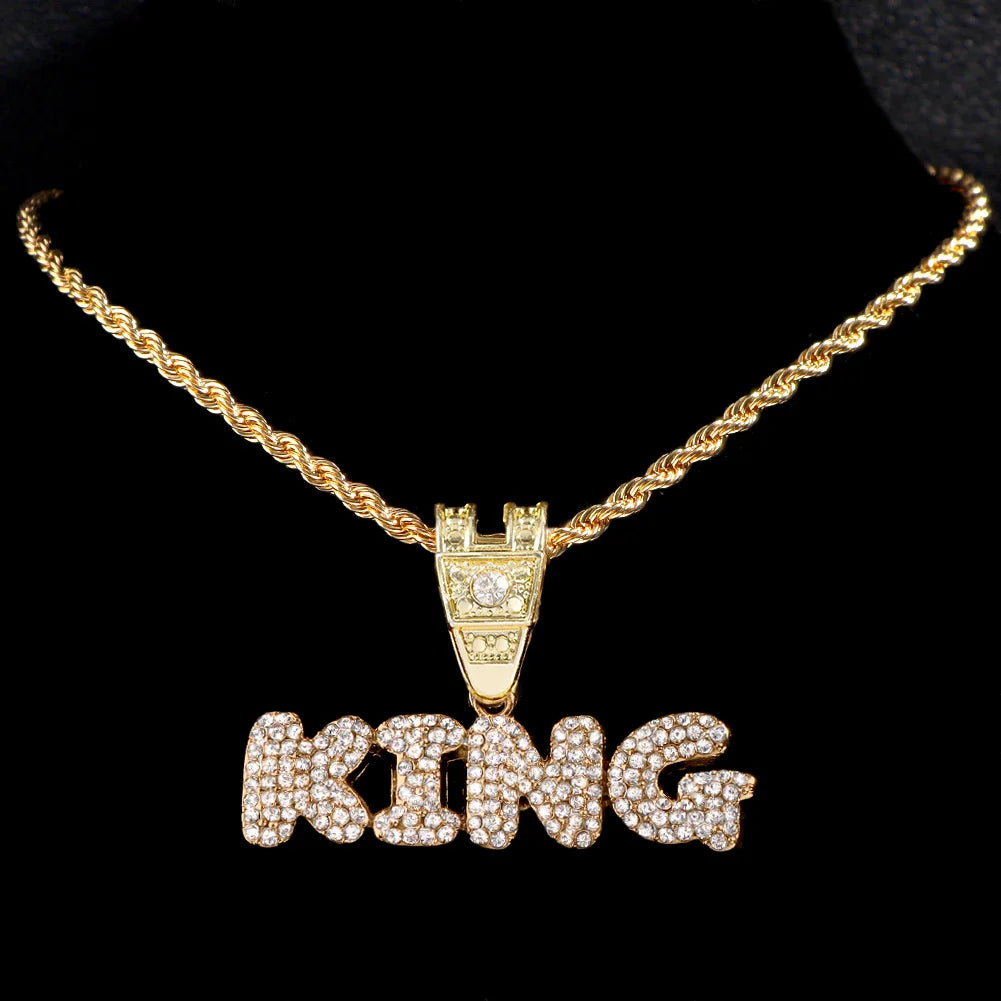 Iced Out Full Rhinestones KING QUEEN Letter Pendant Necklace 14mm Miami Rhombus Cuban Chain Hip Hop Necklaces Jewelry