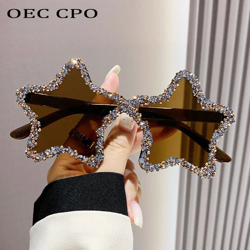 Luxury Diamond Star Shape Sunglasses Women Trends Rhinestone Shiny Sun Glasses Ladies Punk Rimless Style Eyewear