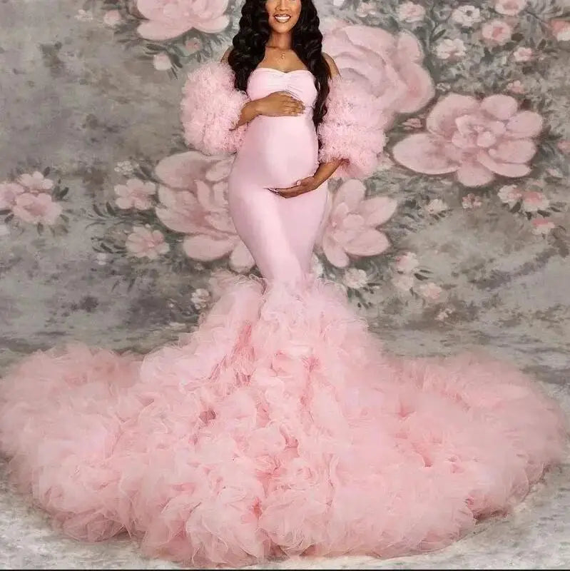 Chic Mermaid Maternity Robe – Off-Shoulder Sweetheart Photo Shoot Gown