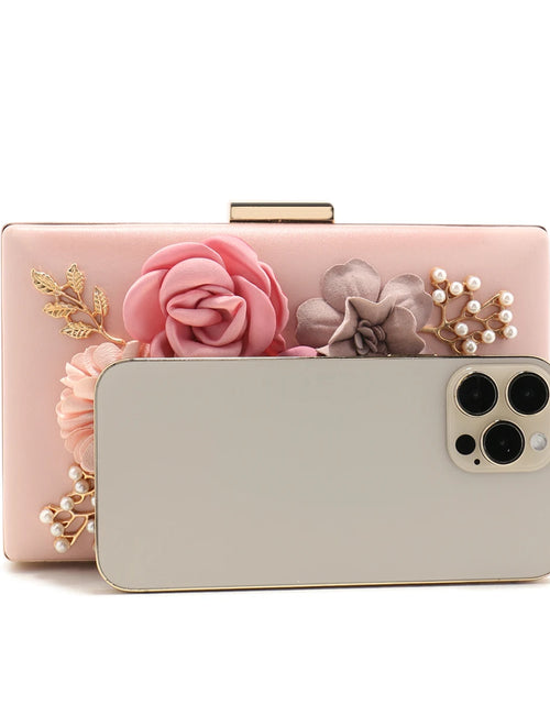 Load image into Gallery viewer, Elegant Pink Floral Evening Bag – Pearl &amp; Diamond Clutch with Glitter Shoulder Chain
