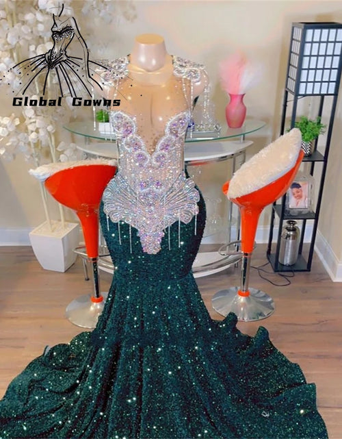 Load image into Gallery viewer, Sheer Crystal Tassel Prom Dress – Custom Sequined Birthday &amp; Evening Gown
