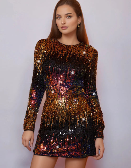 Load image into Gallery viewer, Sexy vintage sequin mini summer dress women elegant club birthday party short dresses luxury long sleeve evening dresses
