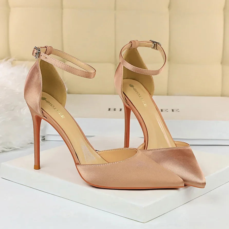 Elegant 10cm High Heel Sandals – Strappy Silk Bridal & Wedding Pumps for Women