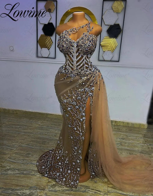 Load image into Gallery viewer, Luxury See-Through Crystal Beaded Evening Gown – High-Slit Customized Party Dress for Weddings
