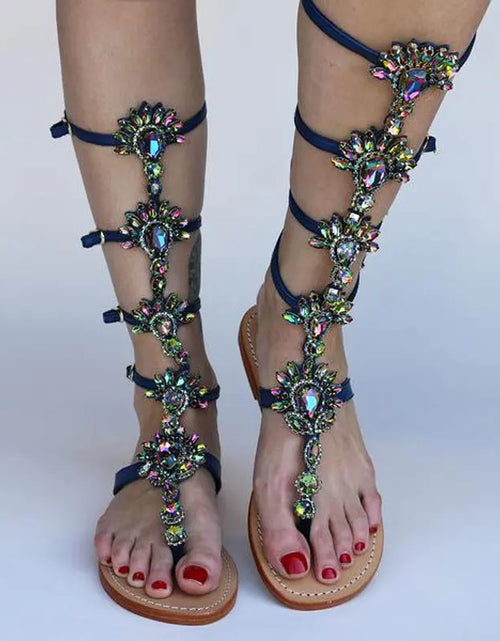 Load image into Gallery viewer, Boho Glam: Rhinestone Knee-High Sandal Boots for Effortless Summer Elegance
