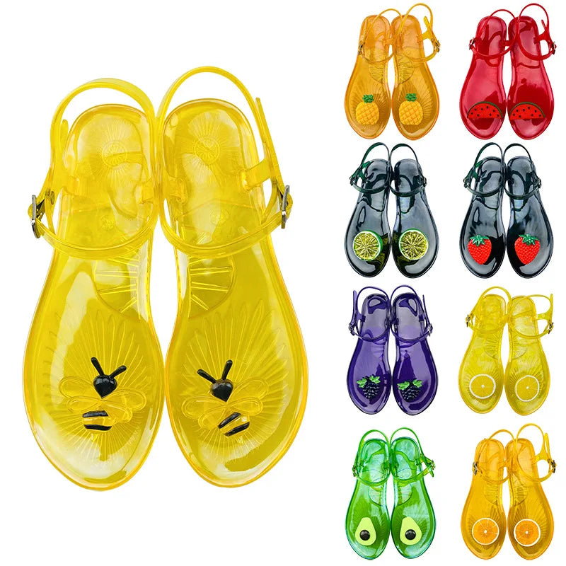 Women Fruit Jelly Sandals PVC Flat Flip-flop Sandal Ladies Summer Outdoor Fashion Non-slip Buckle Strap Beach Shoes Slides