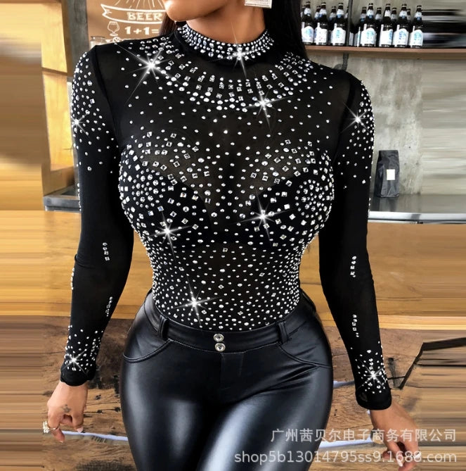 Elegant Sparkle: The Ultimate Water Diamond Long-Sleeve Top for a Sexy, Sophisticated Look