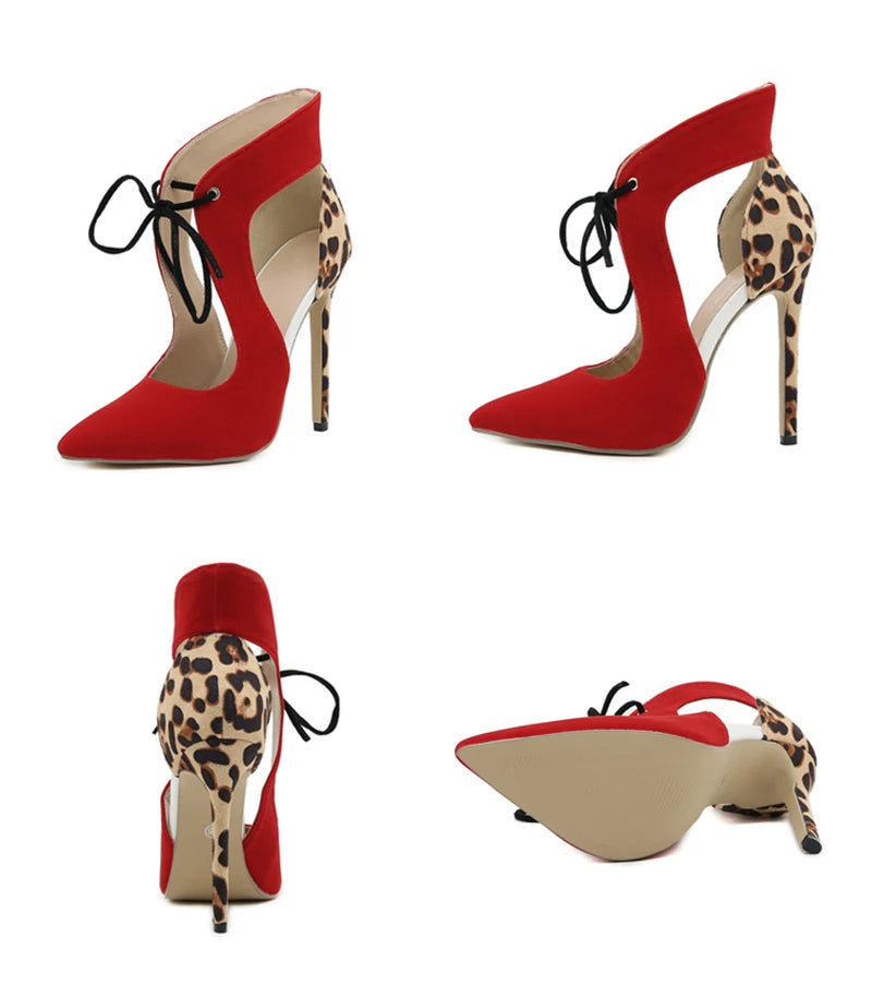 Sexy Red Lace-Up Slingback High Heels – Leopard Print Pumps for Summer Parties & Proms