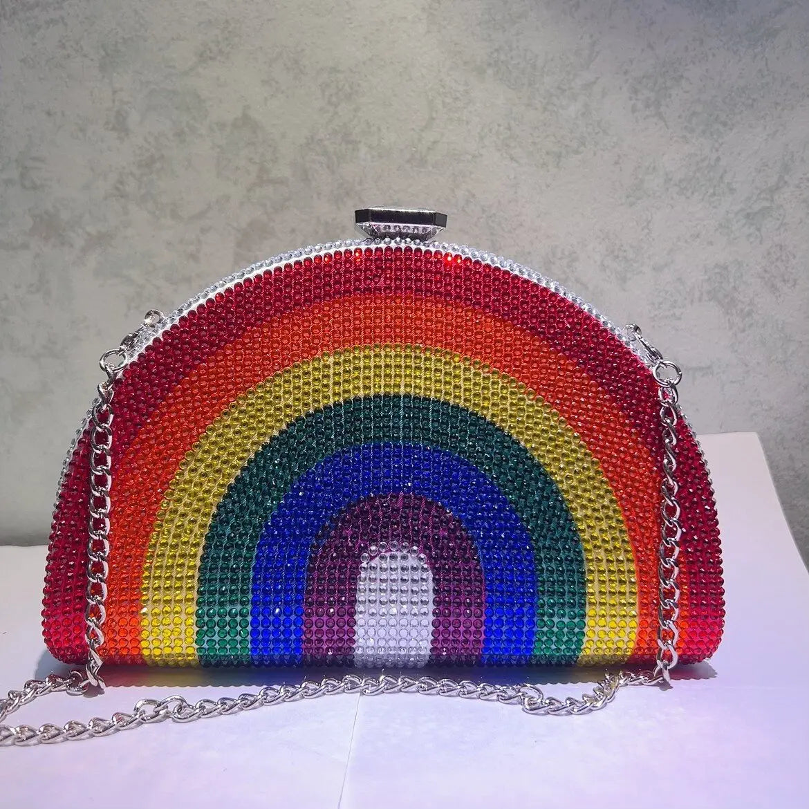 Rainbow Crystal Half-Moon Clutch – Luxury Rhinestone Evening Bag for Weddings & Parties