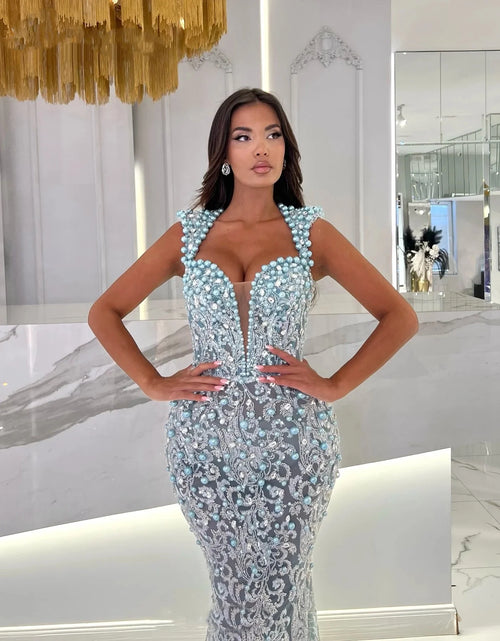 Load image into Gallery viewer, Luxury Pearl Beaded Evening Gown with Detachable Train – Custom Illusion Prom Dress
