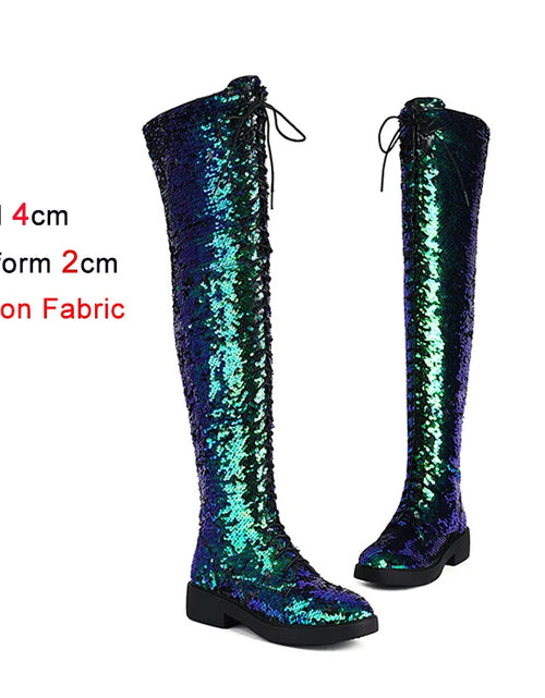 Load image into Gallery viewer, Dazzling Heights: Shiny Sequined Over-the-Knee Boots with Thick Heels
