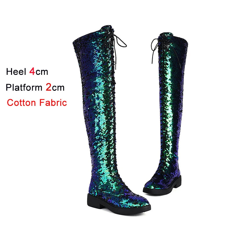 Dazzling Heights: Shiny Sequined Over-the-Knee Boots with Thick Heels