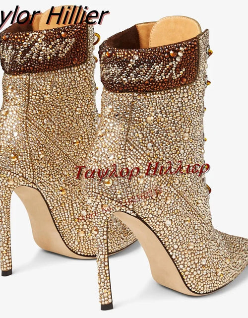 Load image into Gallery viewer, Glamour &amp; Elegance: Gold Handmade Drill Short Boots with Pointed Toe and Thin Heel
