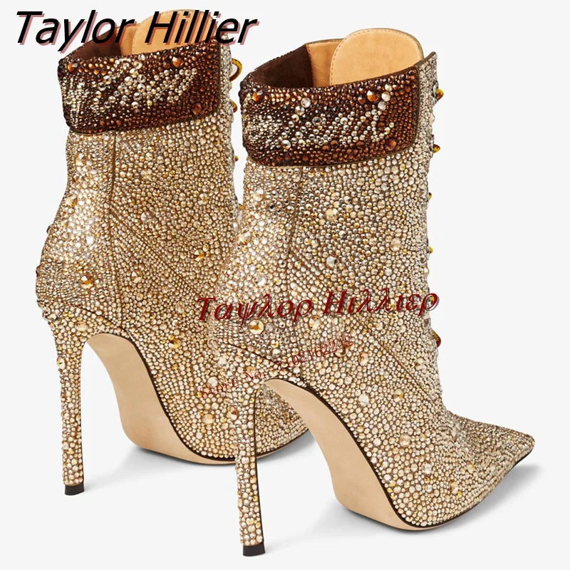 Glamour & Elegance: Gold Handmade Drill Short Boots with Pointed Toe and Thin Heel