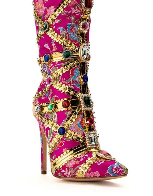 Load image into Gallery viewer, Vibrant Elegance: Colorful Rhinestone Embroidered Mid-Length Ethnic Boots
