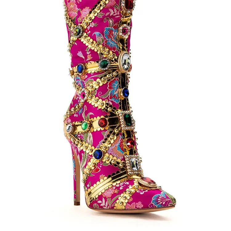 Vibrant Elegance: Colorful Rhinestone Embroidered Mid-Length Ethnic Boots